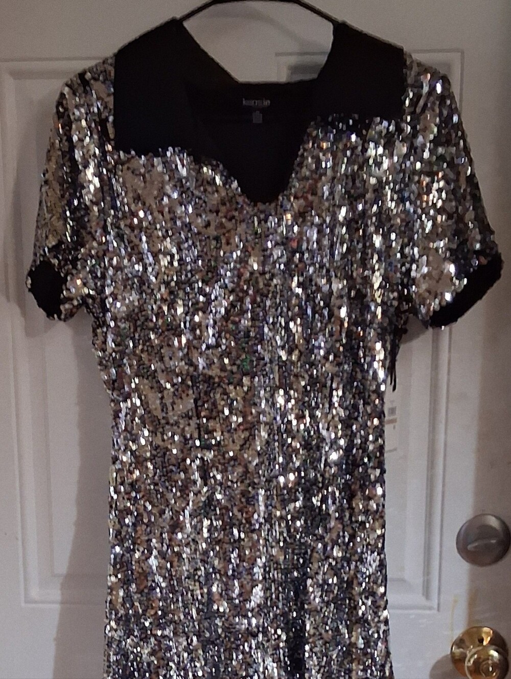 Kensie Silver Sequin High-Low Dress with Black Collar